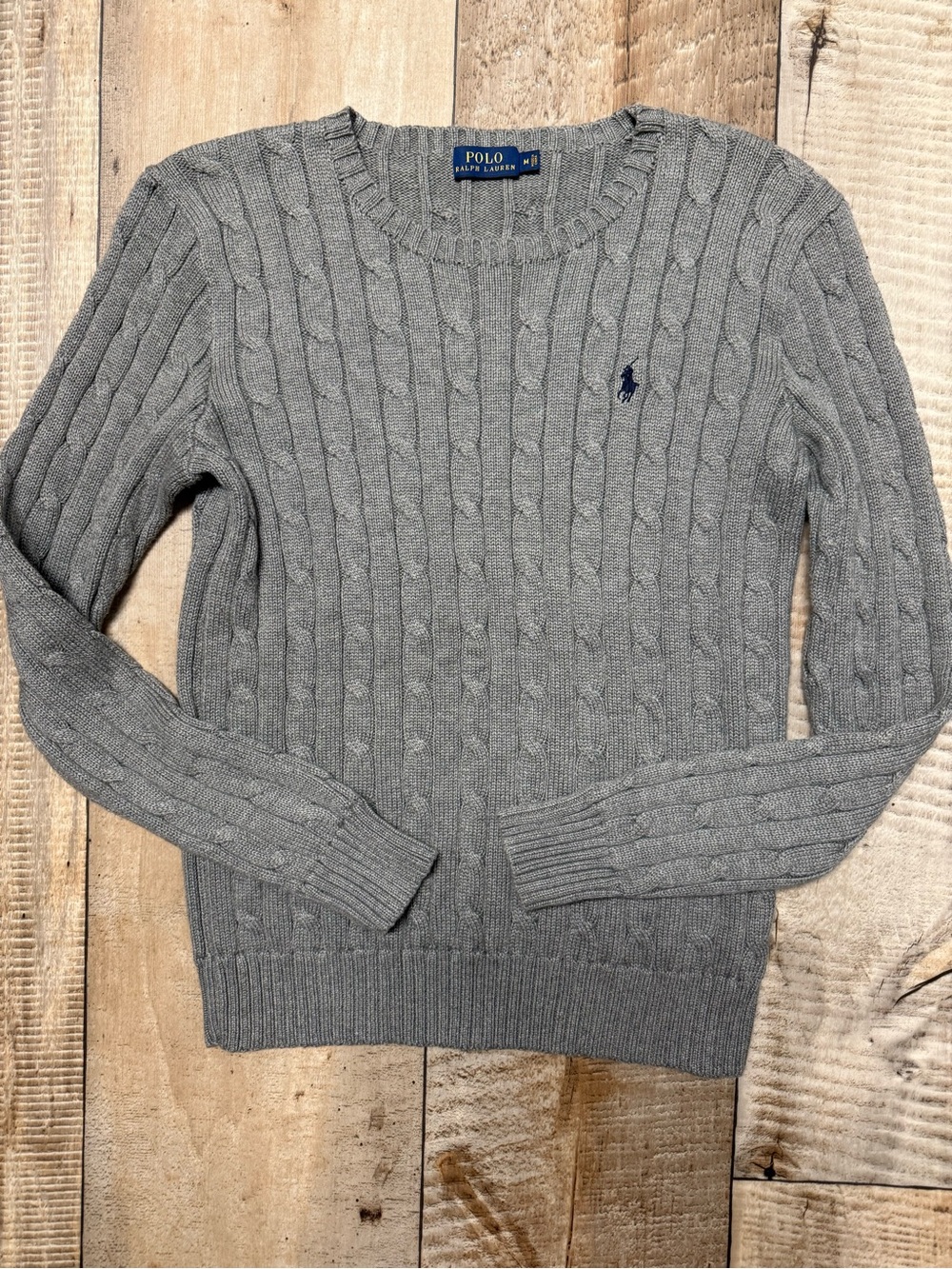 Ralph Lauren Gray Cable-Knit Crewneck Sweater with Navy Pony